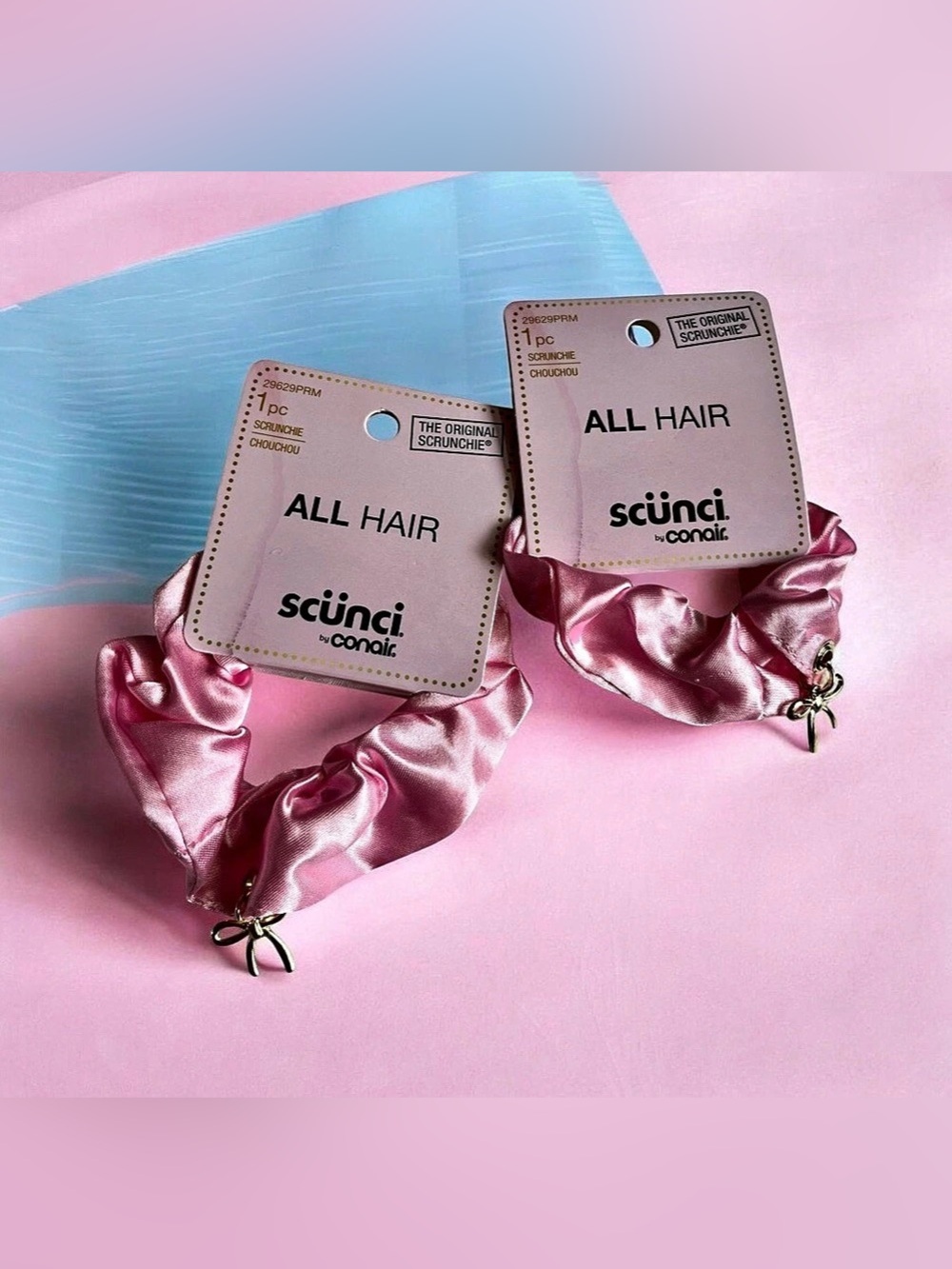 Scunci Pink Satin Scrunchie with Bow Charm Set of 2 NWT